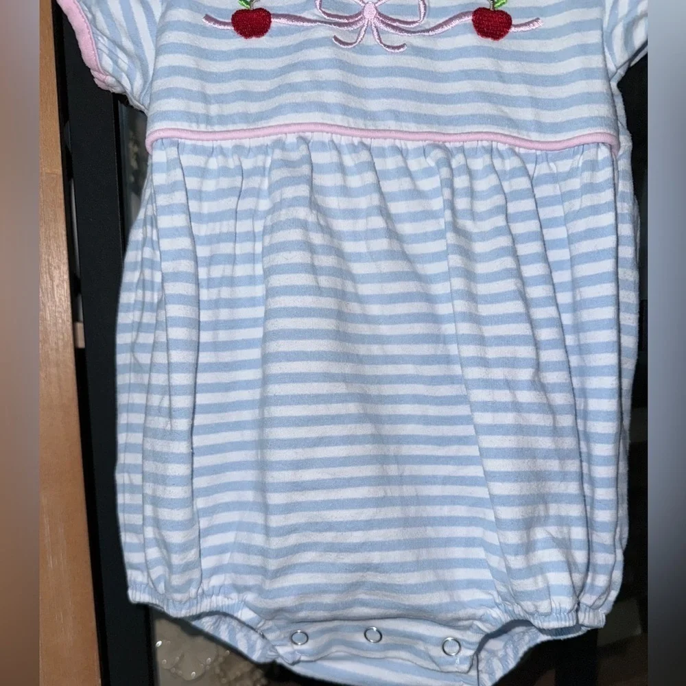 Trotter Street Kids bows apples appliqué bubble romper striped baby girl school